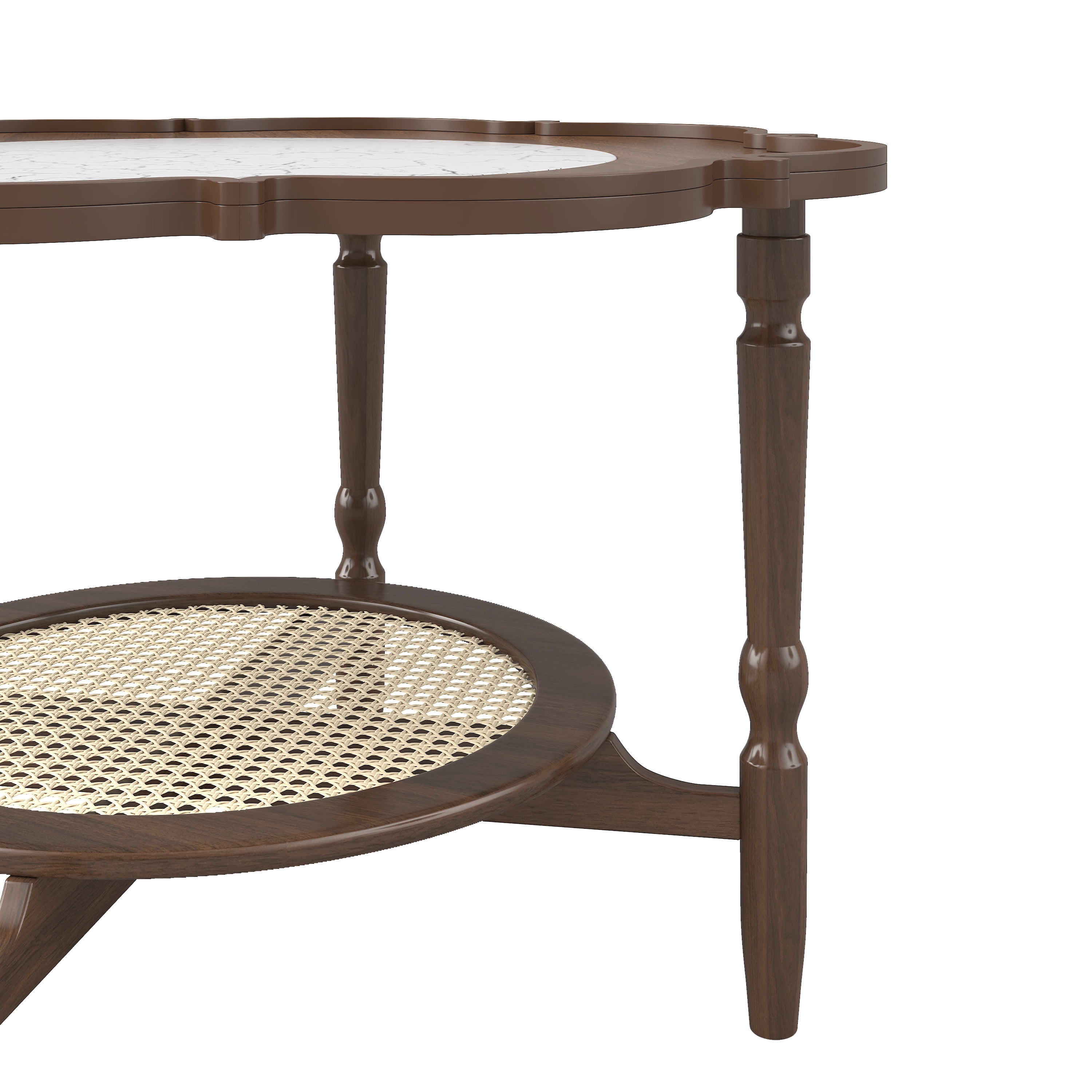 GARITIN Petal Shape Coffee Table 31.5 Inch, 2 Tiered Coffee Table with White Crackle Pattern Glass and Rattan for Living Room, Walnut