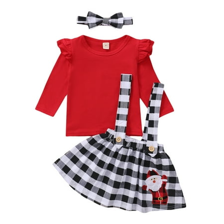 

Carolilly Girl’s Skirt Three Piece Suit Fashion Solid Color Long Sleeve Top Santa Claus Embroidered Suspender Skirt and Headband