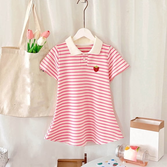 Girls Golf Shirt Dress Short Sleeve Pink Striped with Strawberry Embroidery A-Line Summer Play Dress for Kids Kids 2-10 Years,Size 2-3 T