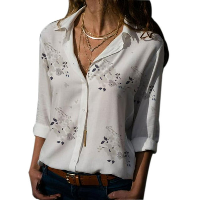 Women Lapel Long Sleeve Blouse Girls Floral Pattern Loose Style Tops Shirt