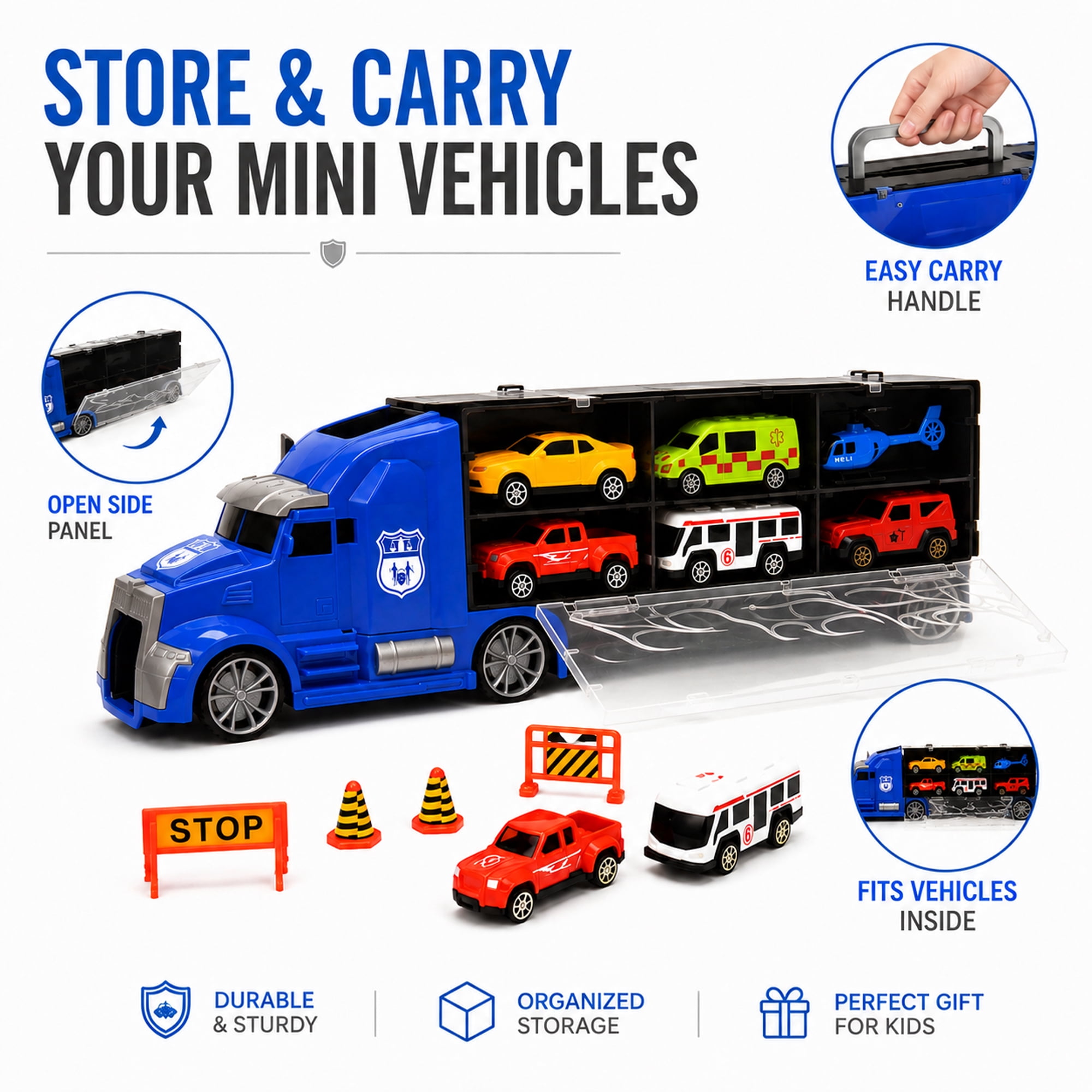 11-Piece Toy Truck Carrier Set with Mini Vehicles, Big Rig Transporter Playset with Cars, Helicopter, Bus & Road Signs, Storage Truck Toy for Kids Ages 3+