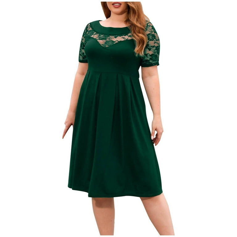 YWDJ Semi Formal Dresses for Women Wedding Guest Dresses Plus Size Casual  Short Sleeve Loose Round Neck Solid Mid Length Sleeve Size for Wedding Guest  Evening Party Graduation Birthday Tea Party 