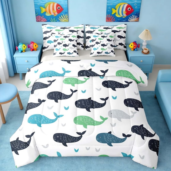 Manfei Colorful Whale Twin Bedding Sets for Kids Boys and Girls, Sea Animal Bedding Comforter Set, Gray Reversible 7-Piece