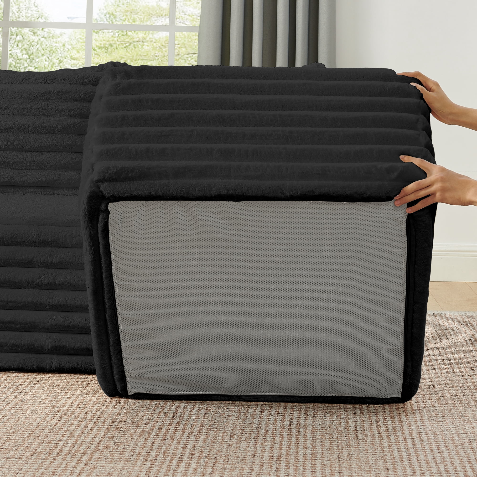 BSHTI 127" Corduroy U Shape Sectional Sofa with Console, Cup Holders, USB Port, 2 Ottomans for Living Room（Black）