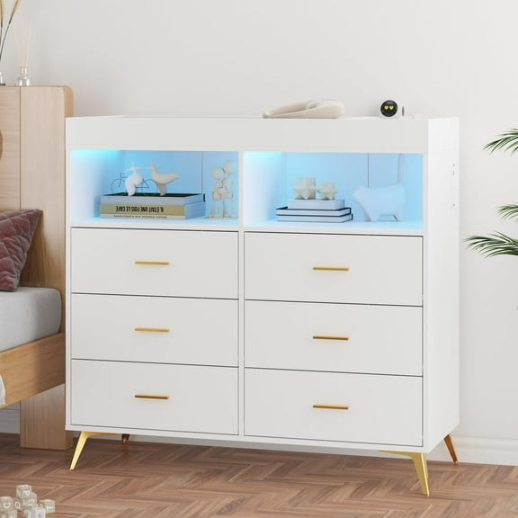 TROPOW Dresser for Bedroom with LED Lights and Power Outlet, Baby Changing Table Dresser with 6 Drawers, 2 Open Storage Shelves, Baby Dresser with Changing Table Top,White