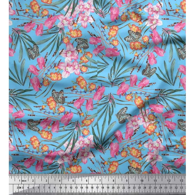 Soimoi Polyester Crepe Fabric & Orchids Floral Print Sewing Fabric Yard 42 Inch Wide