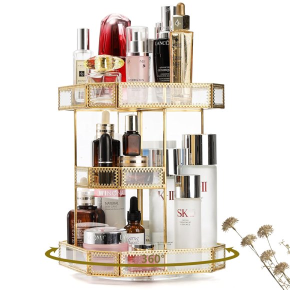 Bamboohart 360 Degree Rotating Glass Makeup Organizer Large Cosmetics Storage Display Holder with Gold Trim for Vanity Clear Makeup Carousel for Perfume Cosmetics Brushes Lotion Lip