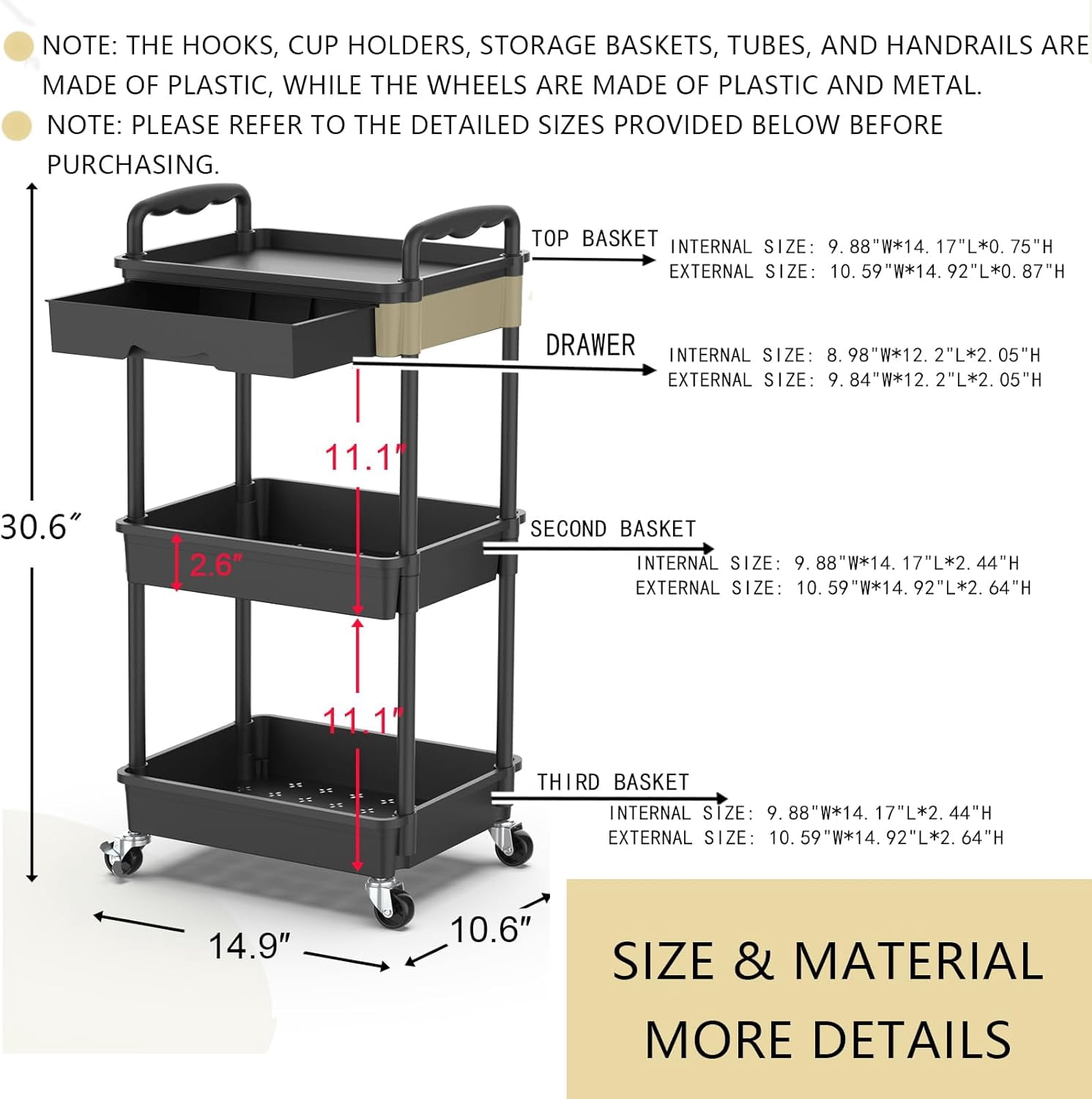 3 Tier Rolling Utility Cart Organizer with Removable Drawer, Stable and Sturdy Black Rolling Storage Carts with 2 Lockable Wheels for Bathroom, Kitchen, Snack, Craft, Makeup