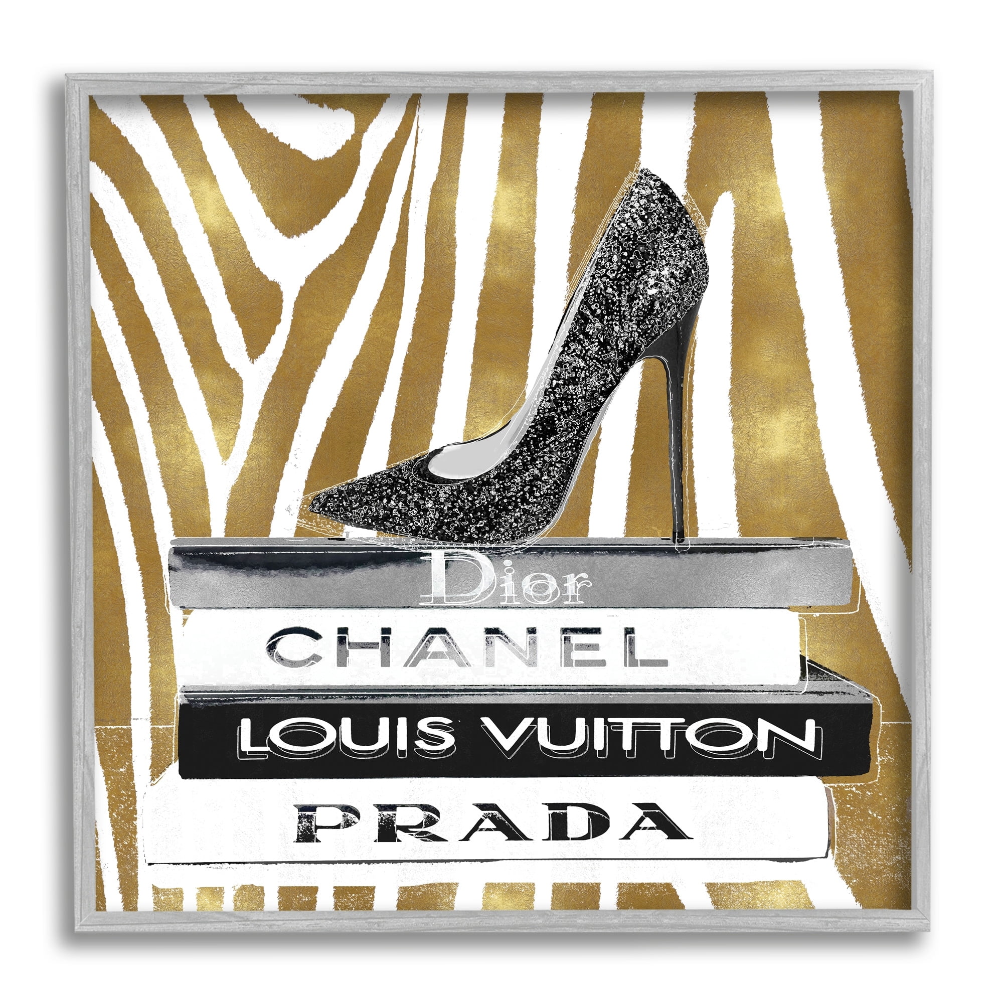 Fashion High Heel Bookstack Glam Gold Zebra Print Beauty & Fashion Framed Art Print Wall Art, 17x17