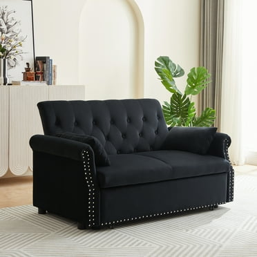 Artemax 55" Modern Shiny Velvet Convertible Loveseat Sleeper Sofa Couch w/ 2 Lumbar Pillows, Adjustable Pull-Out Bed and Removable Armrest for Nursery, Living Room, Apartment, Home Office 00737