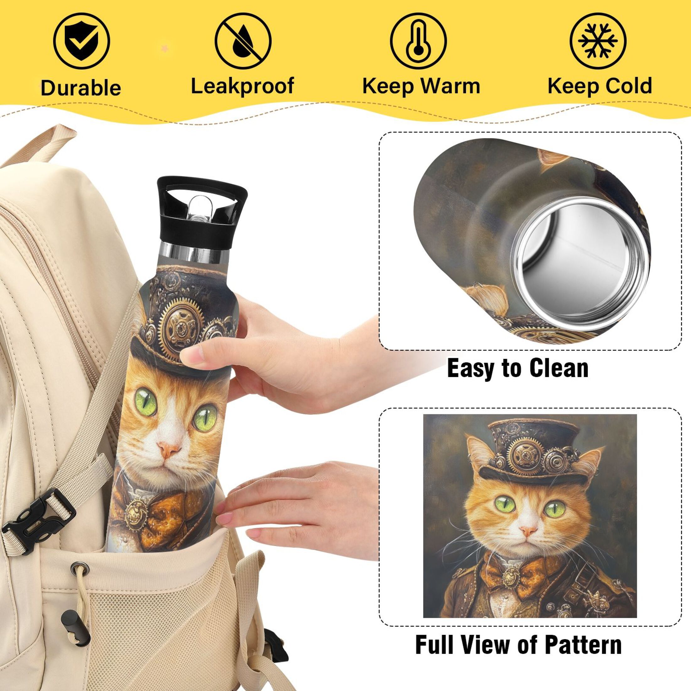 600ML Stainless Steel Insulated Cup Sports Water Bottle Portable Thermos Cup Water Glasses Insulated Tumblers Convenient and Durable Formal Cat