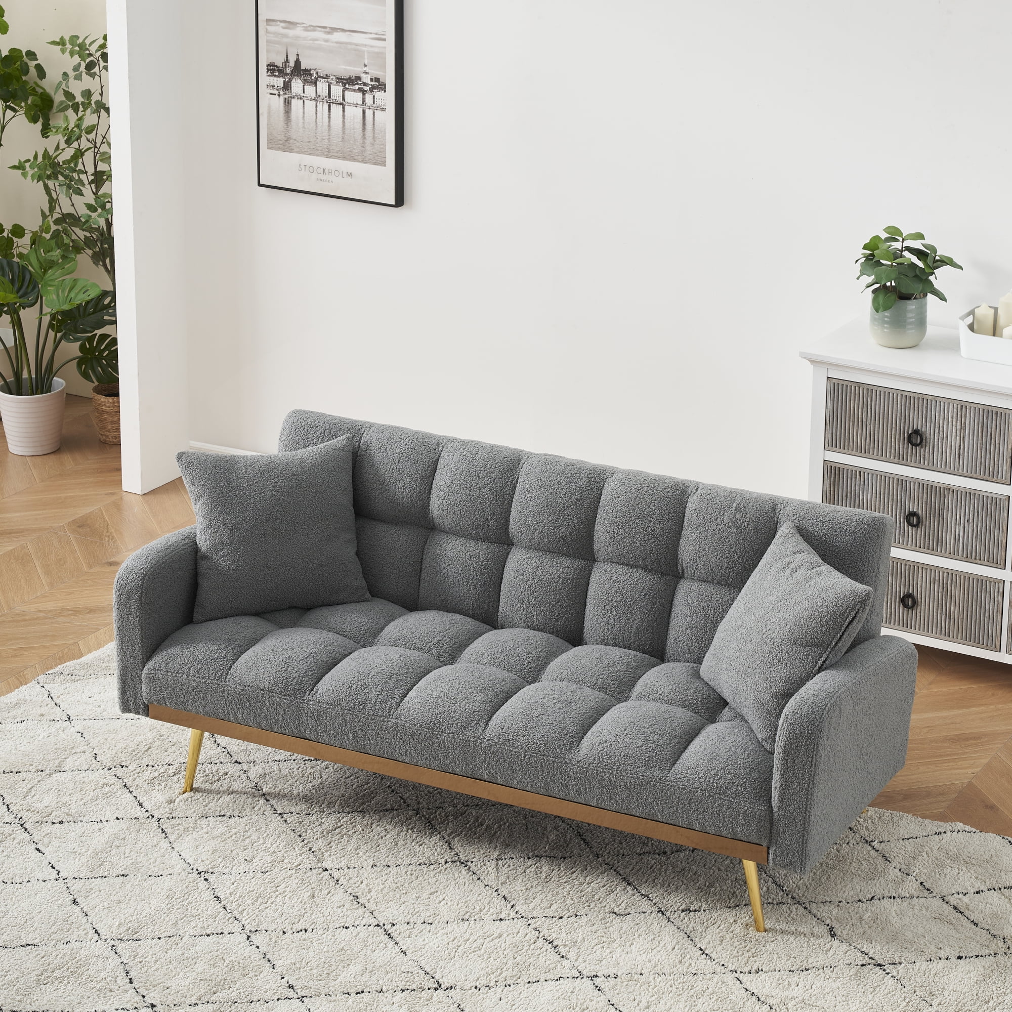Convertible Futon Sofa Bed,69 Inch Modern Teddy Loveseat Sofa Couch with Adjustable Backrest for Small Space,Living Room,Gray