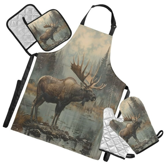 5 Pcs Kitchen Set Heat Resistant Oven Mitts and Non-Slip Pot Holders with Adjustable Cooking Apron Elk at Water Edge in Forest