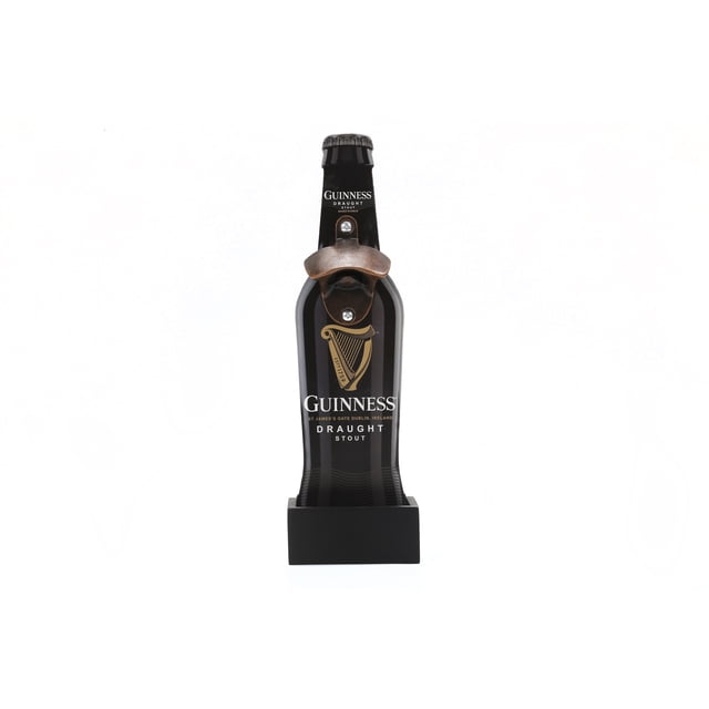 Wooden wall-mounted Guinness bottle opener with metal cap catcher, shaped like a beer bottle, ideal gift for men and beer lovers.