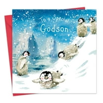 Twizler Godson Christmas Card with Playing Penguins - Happy Xmas Godson - Merry Christmas Godson