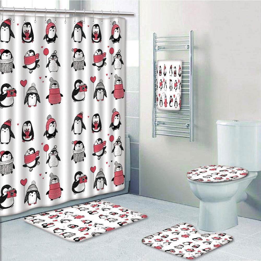 Merry Christmas Penguin WC Bath Mat Rugs Toilet Floor Mats Cover Carpet 