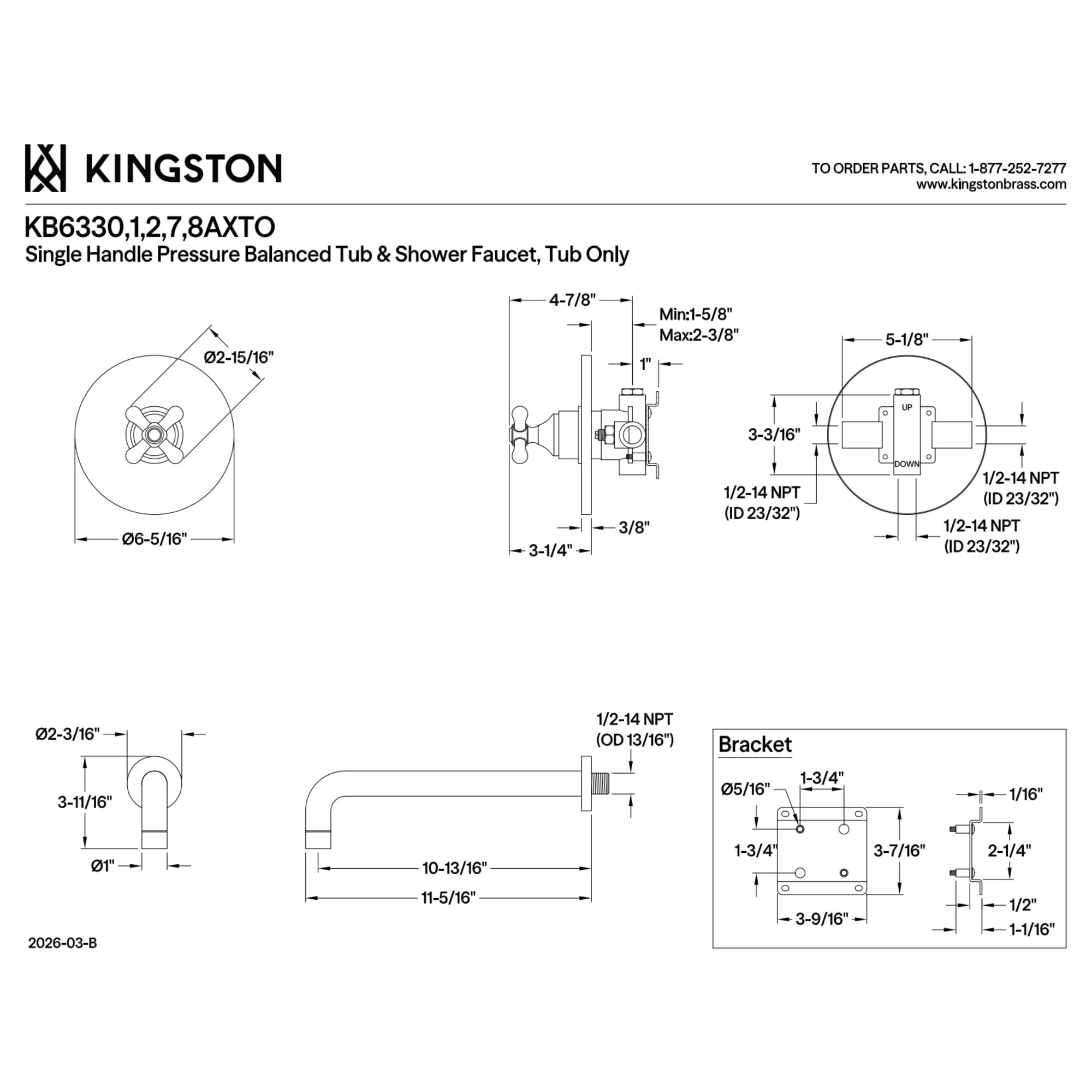 Kingston Brass KB6337AXTO Restoration Single-Handle Pressure Balanced Tub Faucet in Brushed Brass
