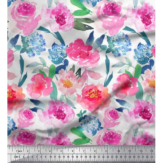 Soimoi Rayon Crepe Fabric Flower & Leaves Watercolor Print Fabric by the Yard 46 Inch Wide