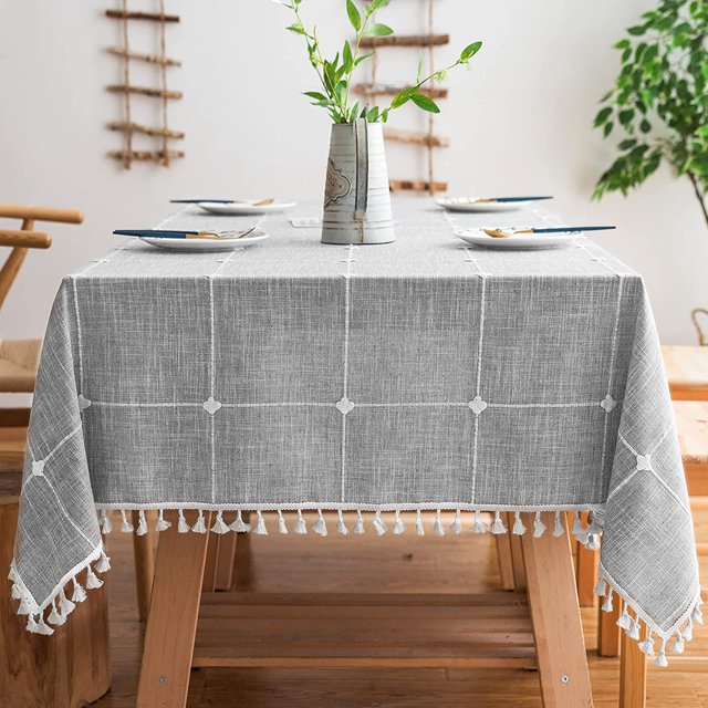 GHSDFBB Solid Embroidery Checkered Table Cloth Washable Cotton Linen Tassel Tablecloth, Rectangle Wrinkle Free Anti-Fading Table Cover for Kitchen Dinning Thanksgiving Christmas (55x120 Inch, Gr