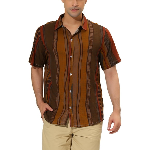 INSPIRE CHIC Chemise pour Homme à Rayures Verticales, Boutonnée, Col Pointu, Manches Courtes, m Brun Kaki