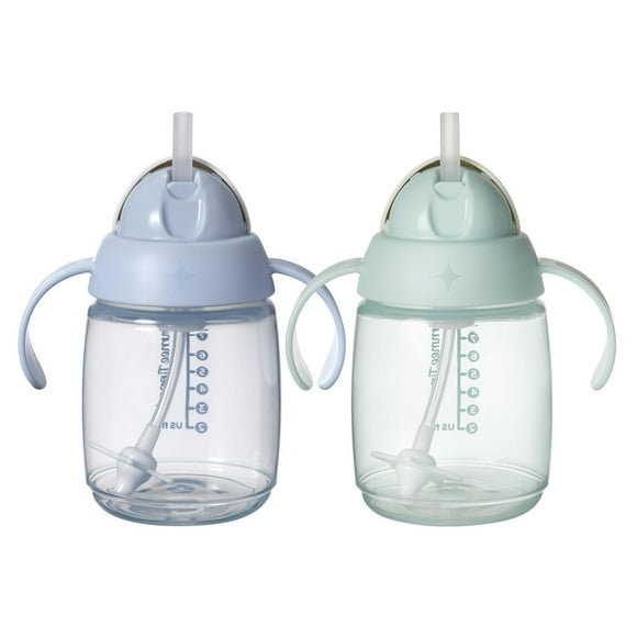 Tommee Tippee Starter Straw Cup, 8oz, Easy Transition Toddler Cup For 6 Months+, with Silicone Weighted Straw and Easy-hold Handles, Blue and Green, 2 count