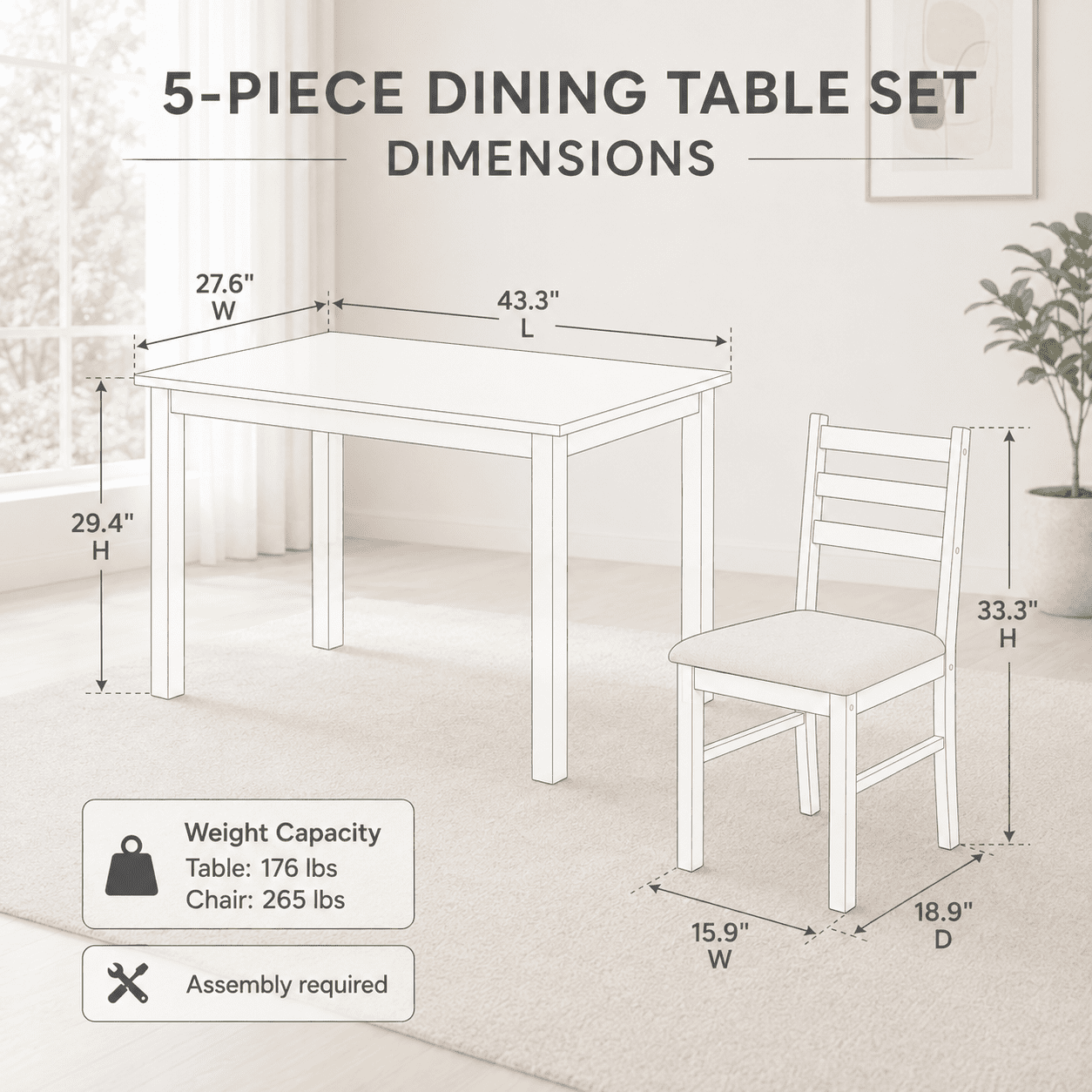 Aukfa 5-Piece Farmhouse Dining Table Set with 4 Chairs,Space-Saving Apartment/Breakfast Nook Furniture, White