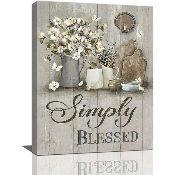 Farmhouse Kitchen Decor Wall Art Rustic Cotton Simply Blessed Christian Religion Pictures Wall Decor Canvas Painting Prints Artwork Home Decorations Framed for Kitchen Bedroom 12"x16"