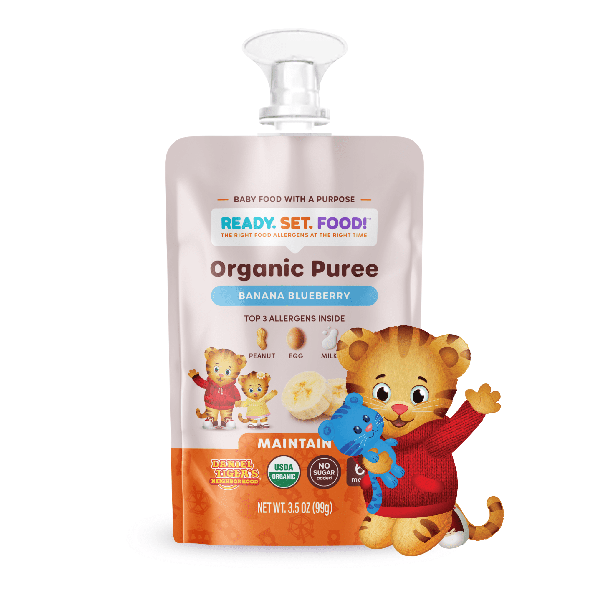 (12 pack) Ready, Set, Food! Daniel Tiger Stage 2 Baby Food, Banana Blueberry, Top Allergens, 3.5 oz Pouch