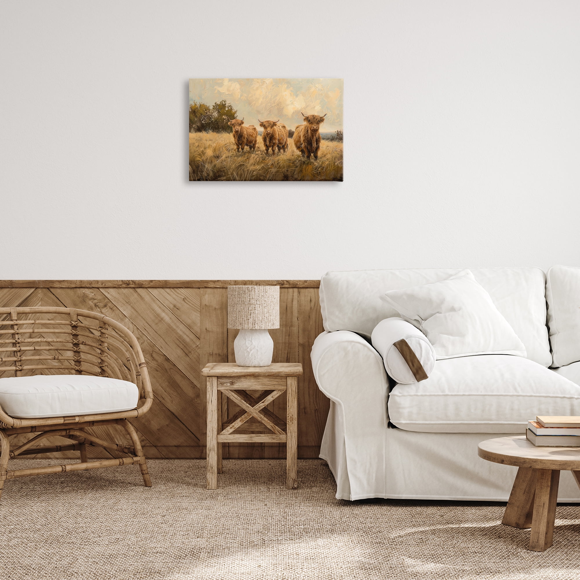 Stupell Industries Three's A Party Cattle Animals & Insects Painting Gallery Wrapped Canvas Art Print Wall Art, 24 x 16