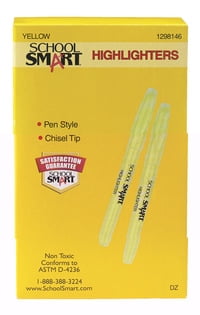 School Smart Pen Style Highlighters, Chisel Tip, Yellow, Pack of 12