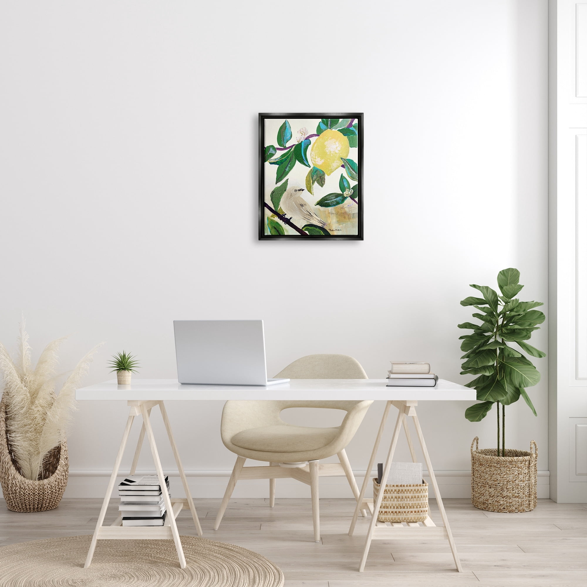 Stupell Industries Vivid Yellow Lemon Citrus Fruit Bird Perched Painting Jet Black Floating Framed Canvas Print Wall Art, Design by Robin Maria