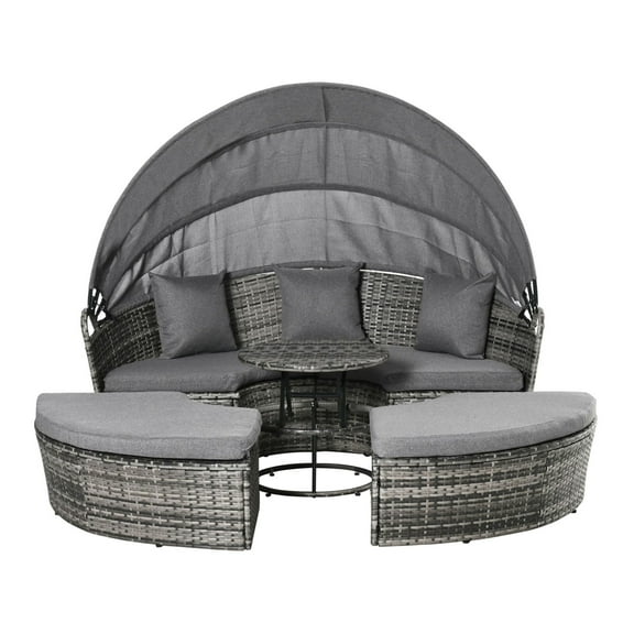 Patio Wicker Furniture Set 4pcs, Rattan Daybed with Canopy, Outdoor Lounge Sofa, Garden Conversation Set, Cushioned, Grey
