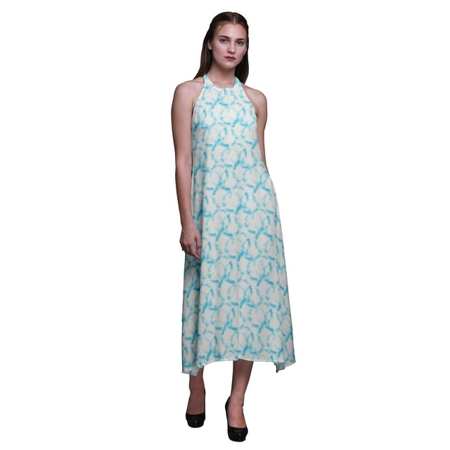 Bimba Robe Décontractée Teinture sur Nœuds Longue Dos Nu à Col Halter pour Femmes Imprimée Robe de Plage-TP