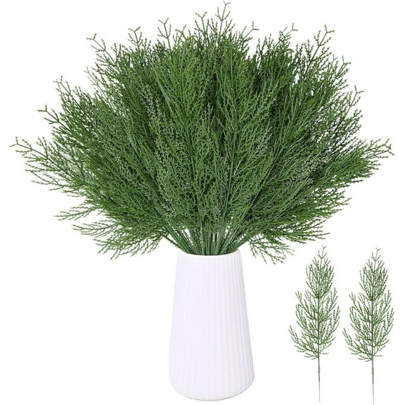 GoXteam 25 Pcs Artificial Pine Sprigs Faux Greenery Stems Pine Picks Plastic Christmas Decor - DIY Holiday Accessories (25, Green)