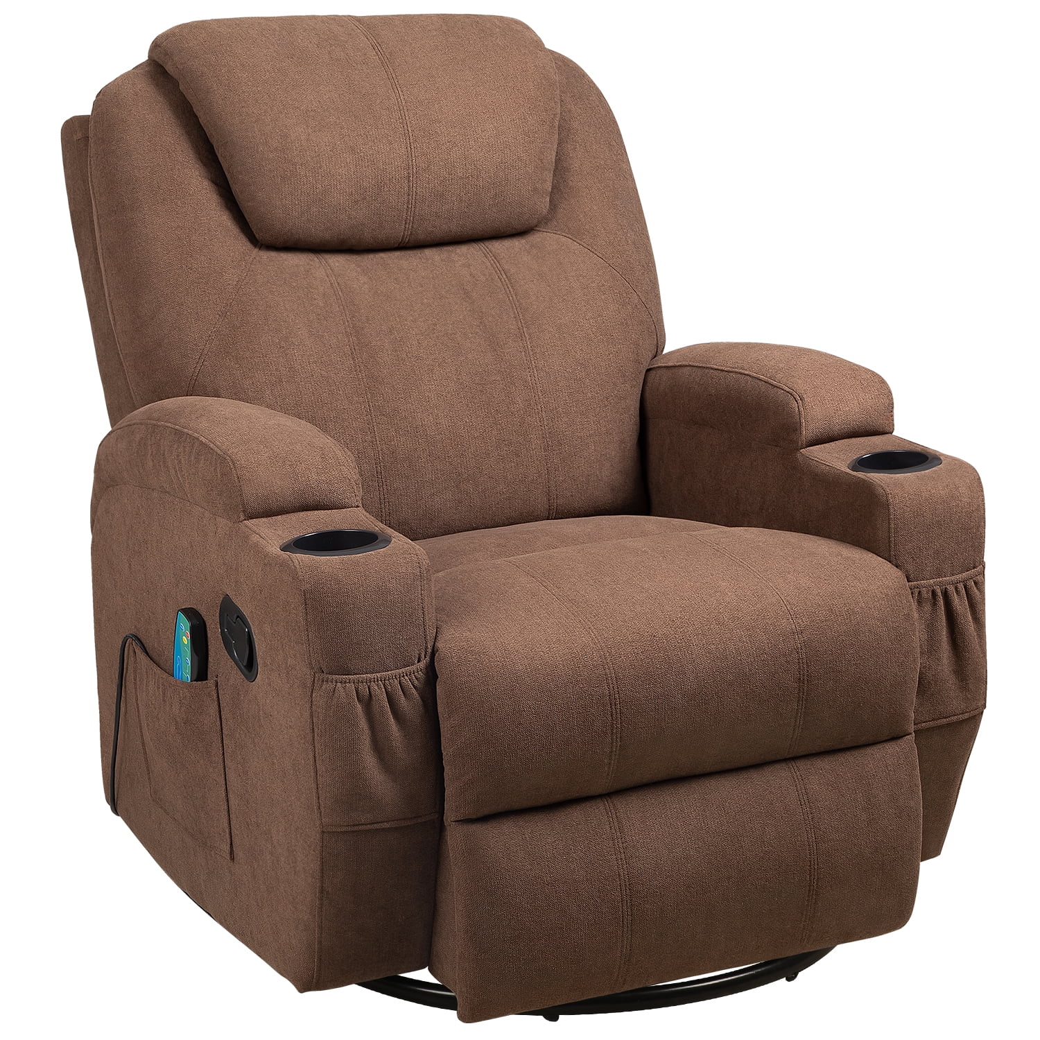 Lacoo Swivel Rocker Recliner with Massage and Heat, Brown Fabric
