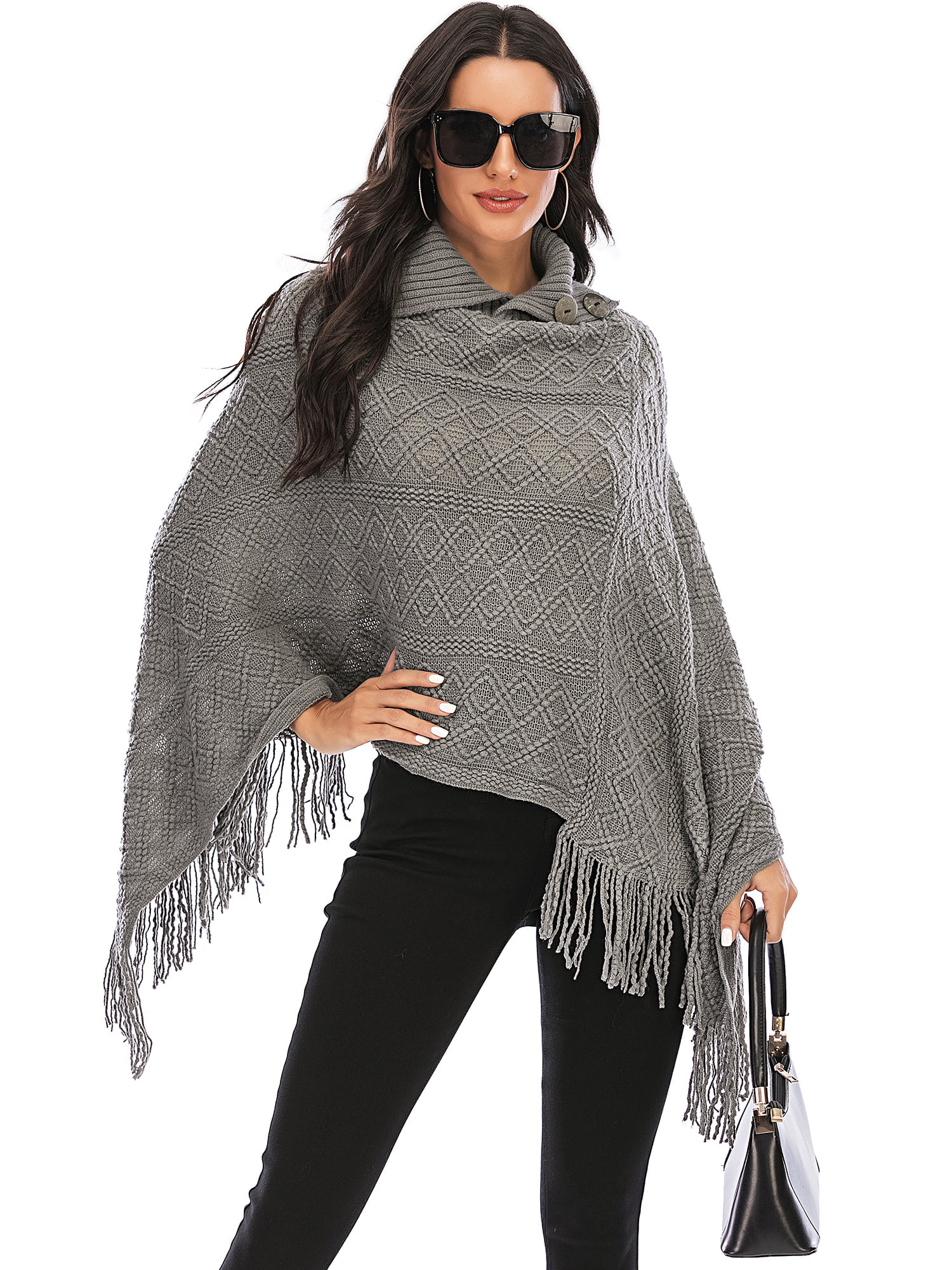 SNOWSONG Womens Turtleneck Long Sleeve Oversized Chunky Poncho Pullover Shawl Wrap Sweater