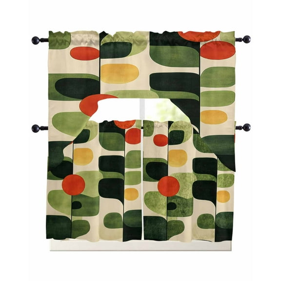 Green Abstract Kitchen Curtains Swag Valance and Tier Curtains Set 24 Inch Length, Middle Century Minimalist Lines Rod Pocket Drape Panels Pair Swag Curtain for Bathroom/Cafe/Window