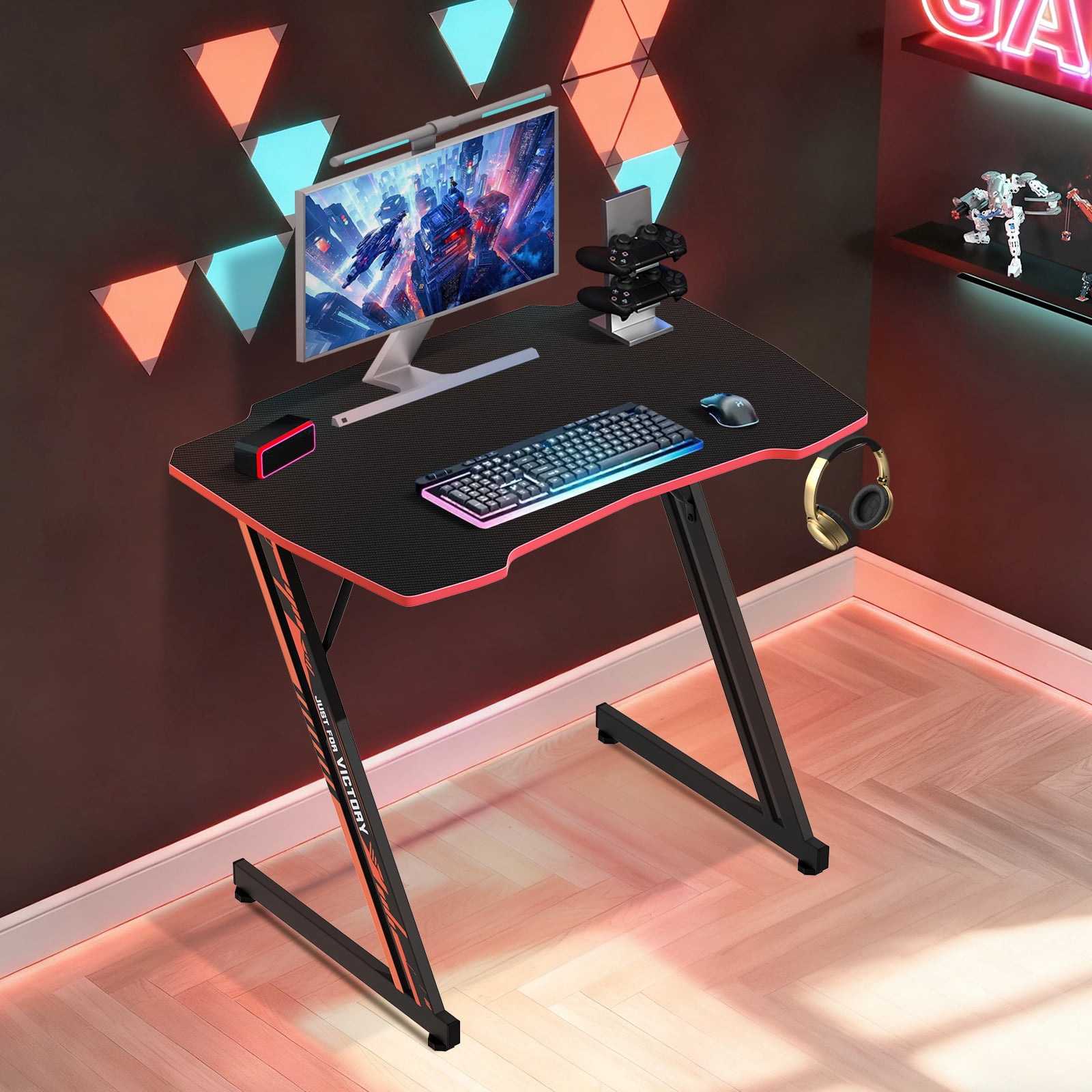 35"L Gaming Desk Z-Shaped Carbon Fiber Surface PC Gamer Table with  Headphone Hook, Computer Desk Gamer Desk Office Desk for Adults&Teen （Red）