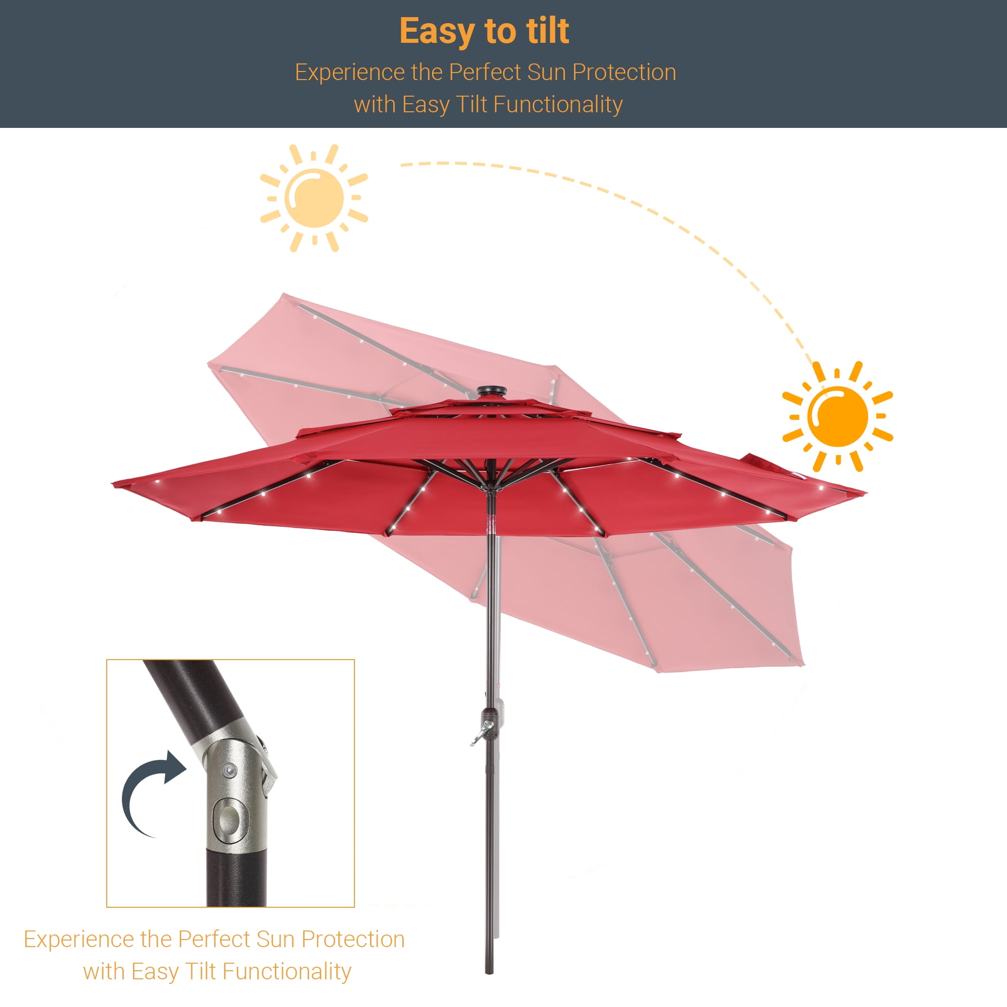 ACEGOSES 10ft LED 3 Tiers Patio Market Umbrella Outdoor with Ventilation for Garden, Deck and Pool,Red