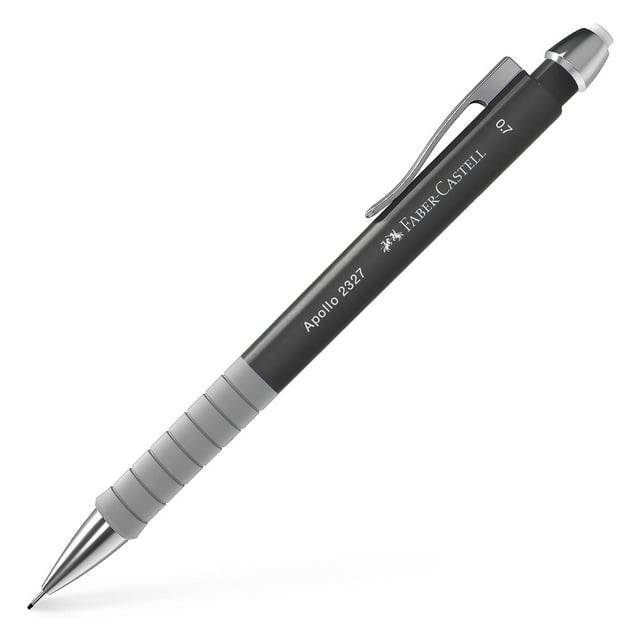 Faber-Castell Apollo Mechanical Pencil, 0.7mm, black barrel, designed for office and school supplies. Features an ergonomic grip zone, cushioned lead to prevent breakage, retractable nib, and integrated eraser. Ideal for writing, drafting, and drawing. Single piece design.