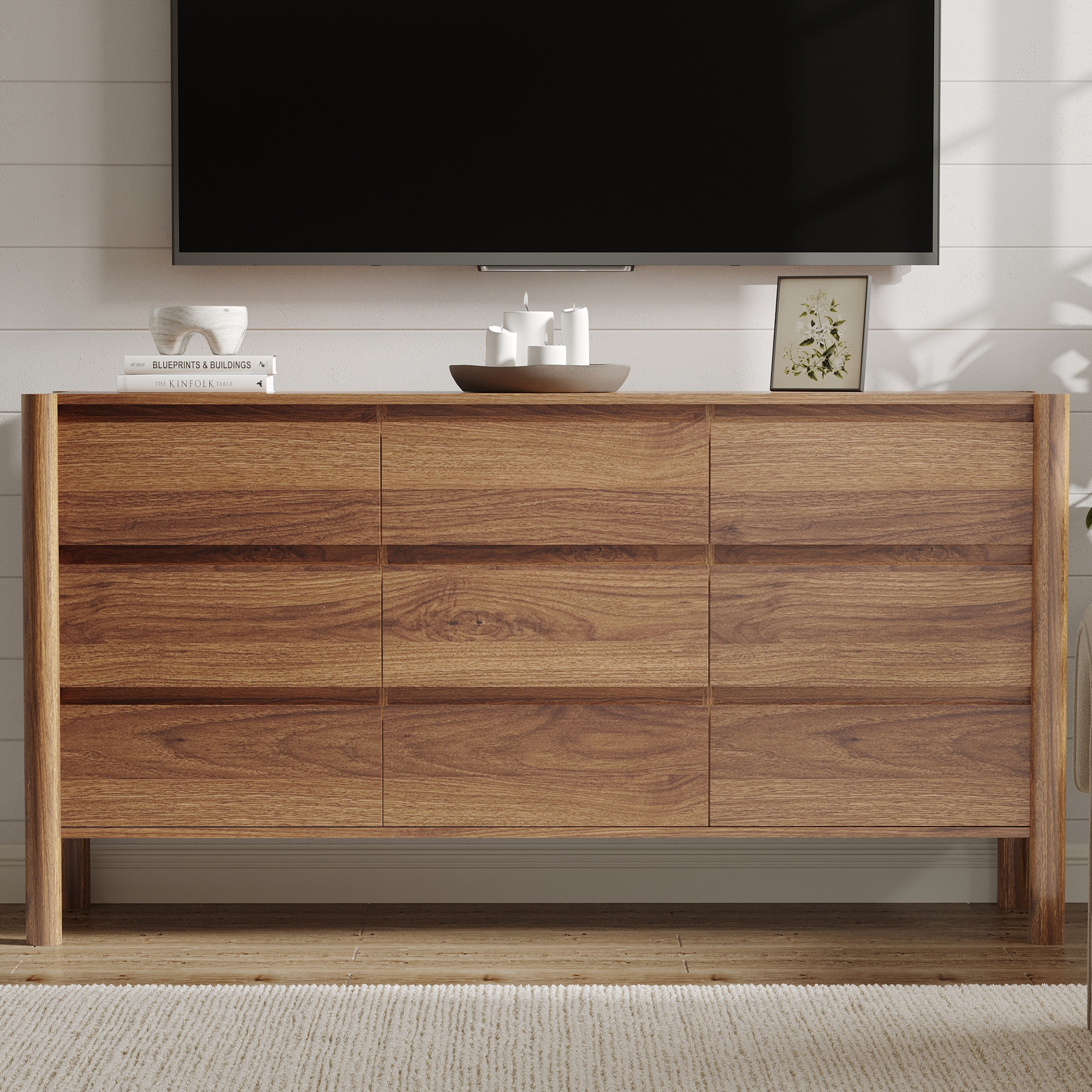 HOUROM Dresser for Bedroom,9-Drawers,63" Wide Farmhouse Large Dressers & Chest,4 Solid Wood Legs,TV Stand, Storage Organizer Furniture for Bedroom(Brown)