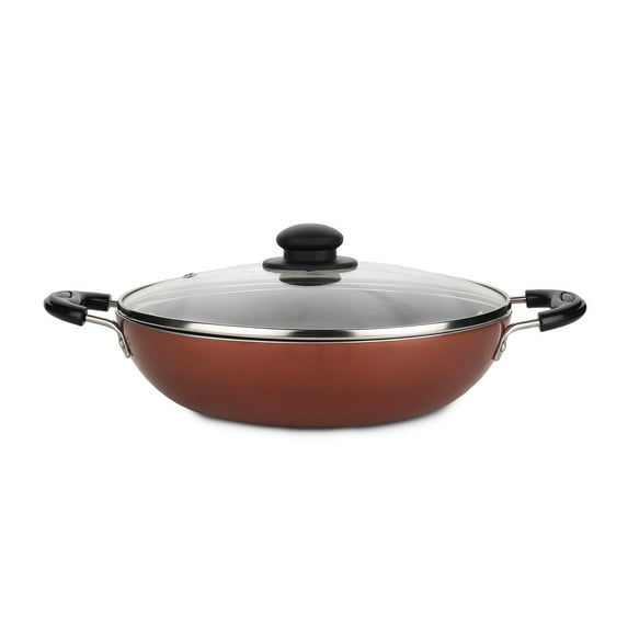 diollo Non-Stick Aluminum Kadhai with Glass Lid, Gas Stove Compatible Only - 24cm, 2.2 L, Copper
