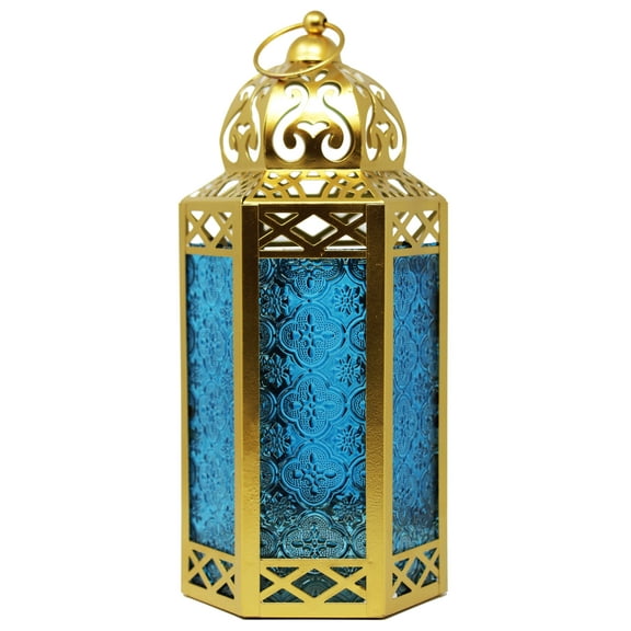 12" Large Moroccan Lantern Candle Holder – Gold with Blue Glass, Metal Decorative Lamp for Indoor or Outdoor Patio or Porch Use, Home Decor, Ramadan, Weddings