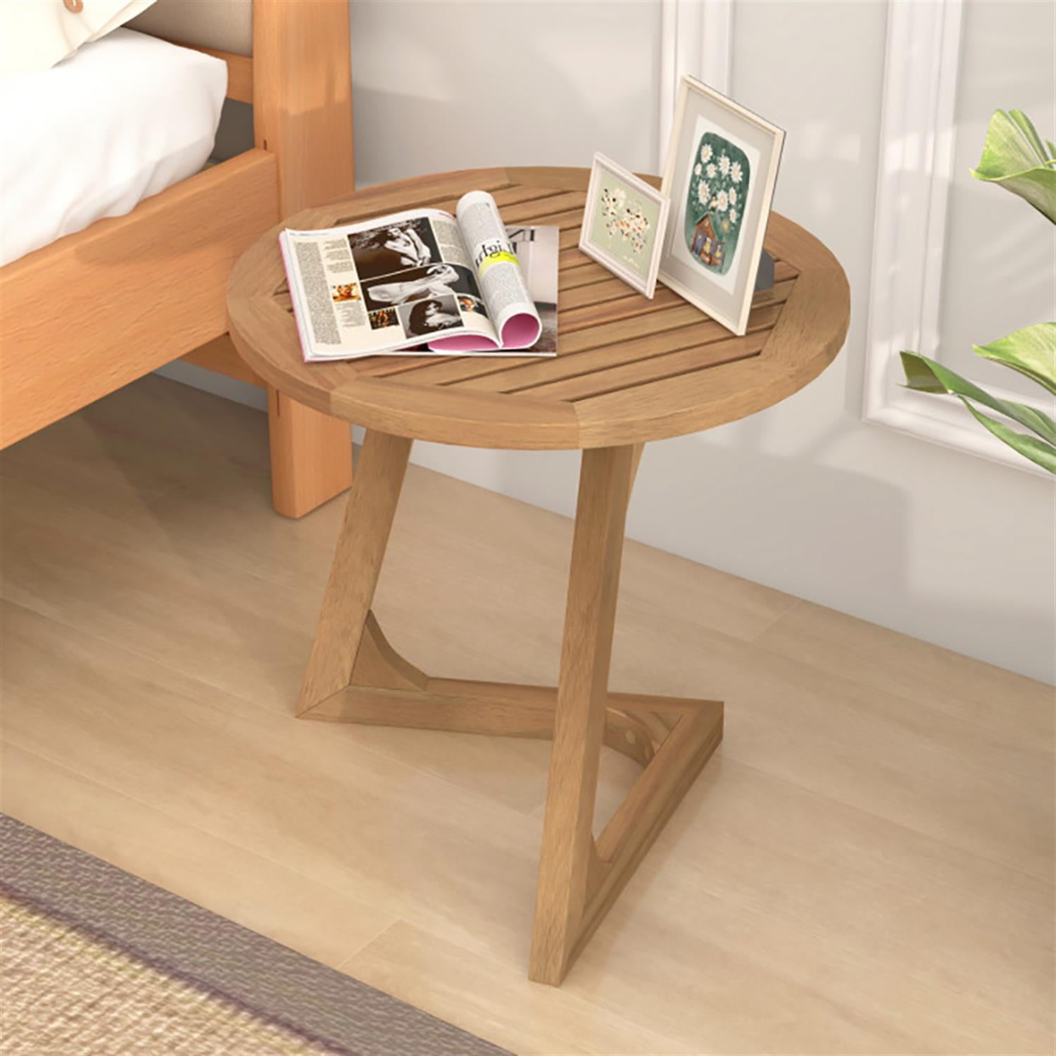 Demi Bonn Teak Wood Sofa Side Table, Round End Table with Slatted Tabletop for Small Spaces, Living Room, Bedroom, Brown