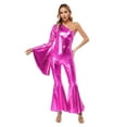 thumbnail image 2 of Sxiwei Womens Metallic Shiny Bell-Bottom Dance Jumpsuit Romper 70s Disco Hippie Costume Clubwear Hot Pink L, 2 of 6