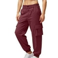 thumbnail image 4 of Lenpel Women's Plus Size Cargo Joggers Baggy High Waisted Tapered Leg Hiking Travel Pants Dressy Casual Work Pants(Wine,X-Large), 4 of 5