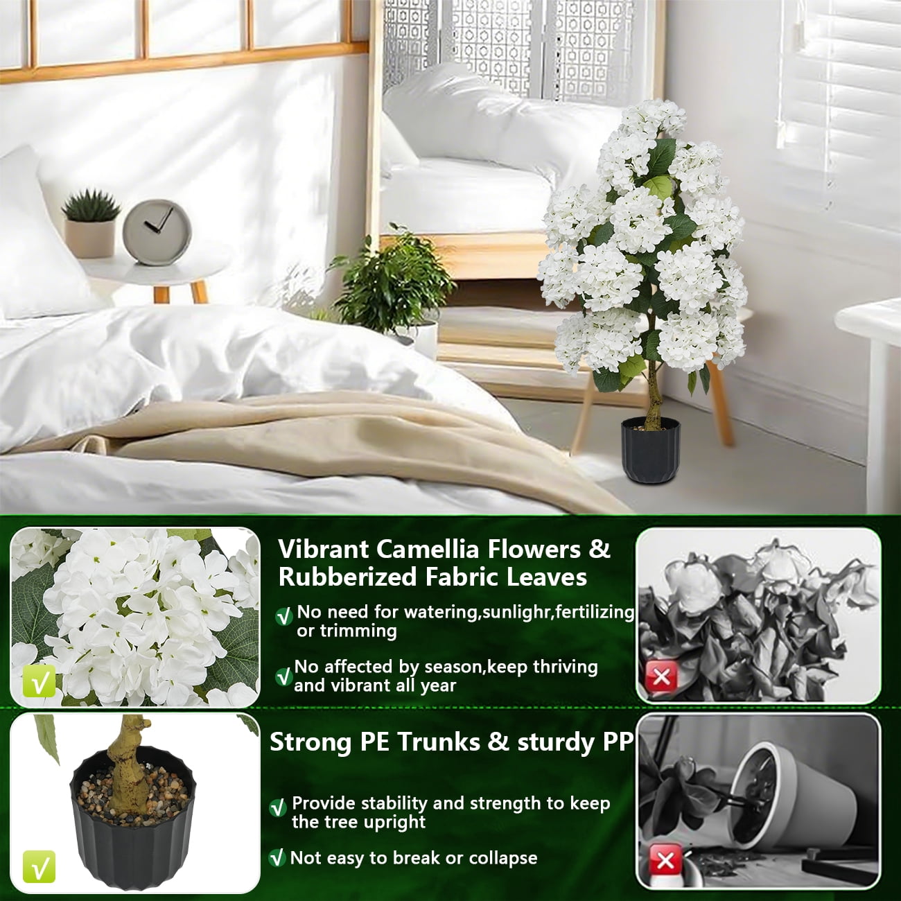 2Pcs 3-Foot Artificial Hydrangea Tree White and Evergreen Leaves Suitable for Indoor and Outdoor Bonsai Decoration