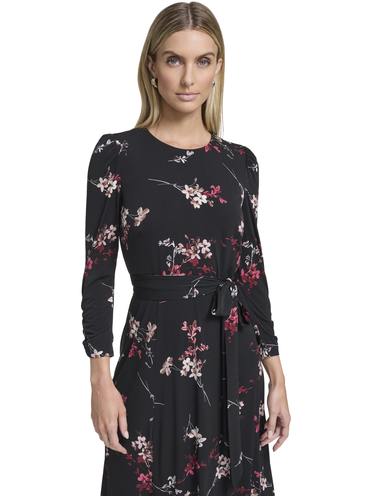 Falling Flowers Women's 3/4 Sleeve Belted Midi Dress, Sizes XS-XL