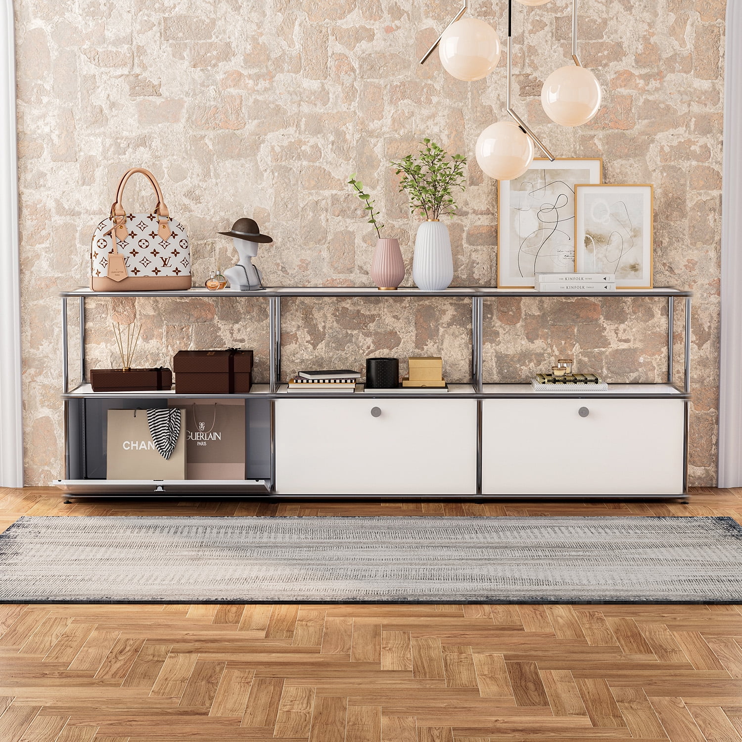 Cottinch 2-Tier Accent Cabinet,Metal Storage Cabinets with 3 Doors