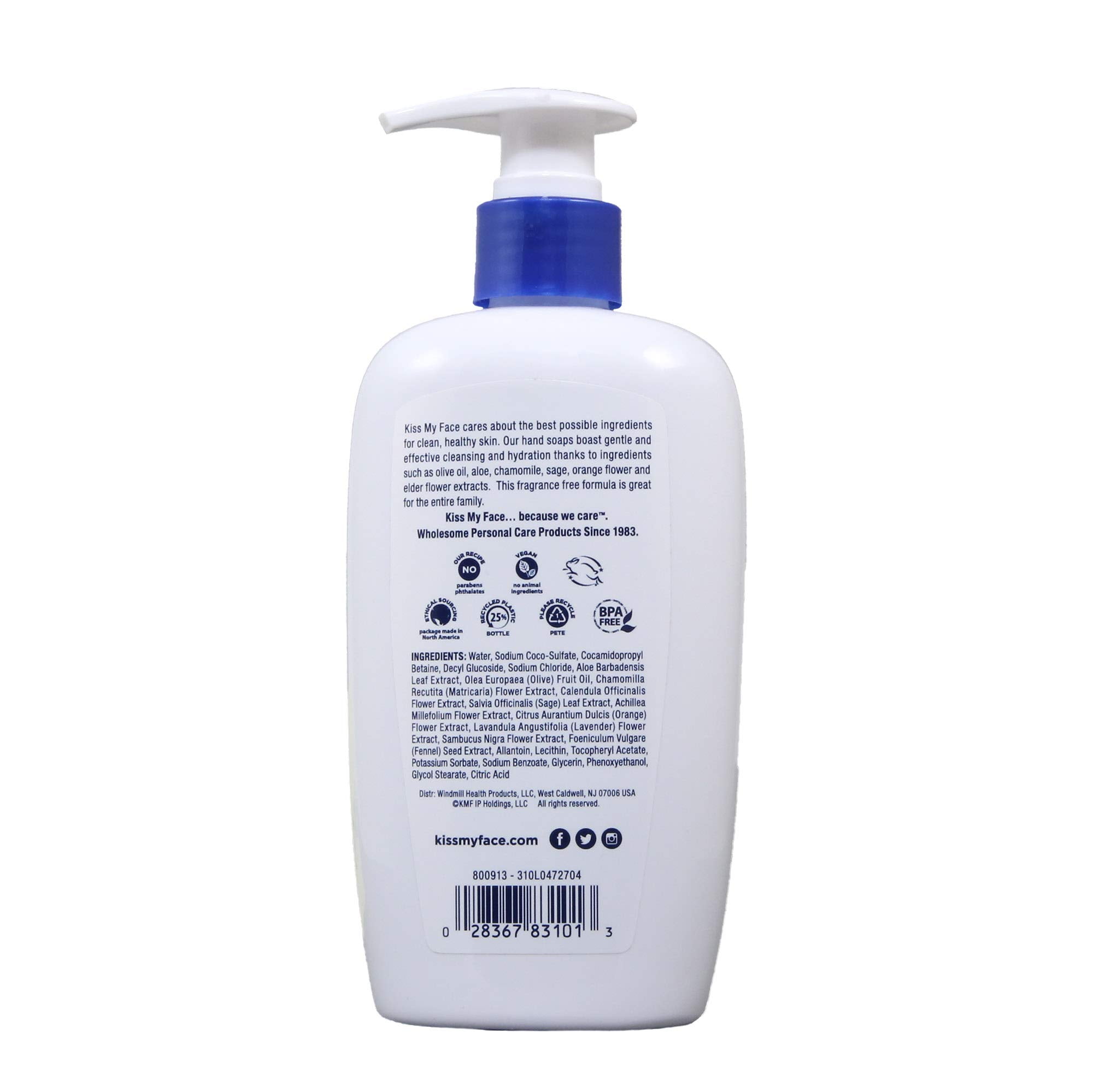Kiss My Face Fragrance Free Liquid Hand Soap, Vegan And Cruelty Free Hand Wash Soap, 9 Fl Oz Bottle With Pump Dispenser, Fragrance Free, 6 Pack.